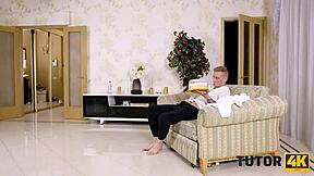 Sexy blonde teen sucks big fat cock in pov style with skinny young body