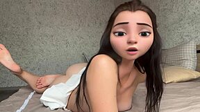 Cartoon meisje masturbeert strakke kut met dildo voeten spel