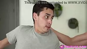 Naked teen gets cum on belly