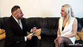 Skinny blonde teen 18+ gets creamed by boss at job interview.