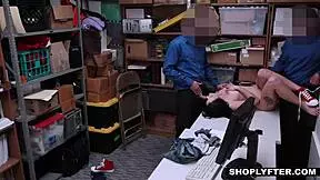 Two police officers tag team petite teen thief Megan Sage in the office after catching her stealing