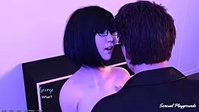 look at these petite bookworm girls riding cowgirl on the perv librarian's big cock in 3d