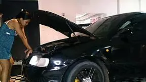 The redhead teen surprised me with a blowjob while I fixed the car naked.