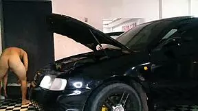 The redhead teen surprised me with a blowjob while I fixed the car naked.