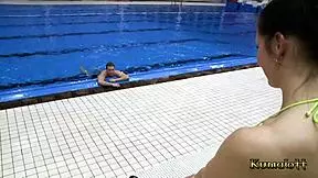 Small-titted brunette babe gets roughly fucked by a big-dicked guy at the pool, ending in a facial.