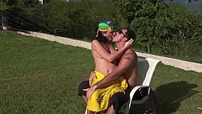 Watch this brunette ride cowgirl and missionary, sucking cock before cumshot