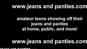 A skinny teen babe struggles in her tight jeans during intense fucking.