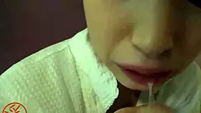 asian teen 18+ in bathroom gives blowjob and handjob, cumshot on hairy beaver