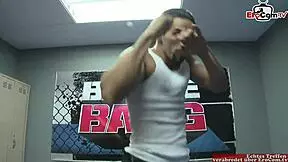 That brunette with natural tits is the fight's prize, getting cum all over them in hardcore action