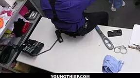 Security guard searches tiny blonde shoplifter in store