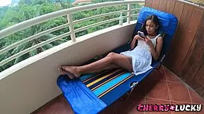 Wow, sexy Asian girl with perfect legs! She's young, cute, and craving outdoor cum