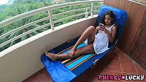 Wow, sexy Asian girl with perfect legs! She's young, cute, and craving outdoor cum