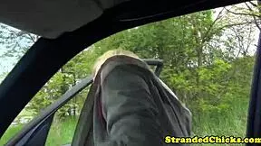 young hitchhiker trades her pussy for a ride in car outdoors