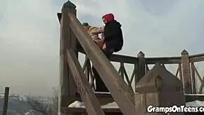 Slutty snow teen seduces grandpa for outdoor fucking and cumshot. She craves his old cock.