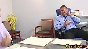 office teen stepdaughters get hardcore with old man in group facial