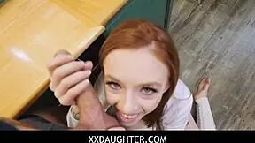 Risky pussy flash under the table leads to blowjob and handjob for stepdaughter in pov.