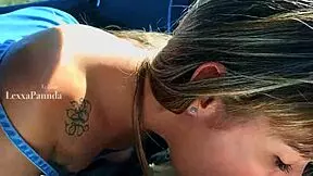 Horny 18-year-old teen gets a blowjob and swallows cum in public