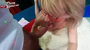 blonde gives sloppy deepthroat and cum on face in stockings