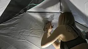 this hot babysitter in lingerie jerks a big cock in the tent until precum drips