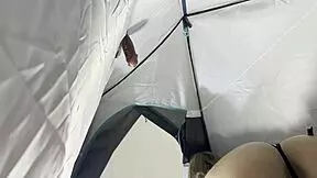 this hot babysitter in lingerie jerks a big cock in the tent until precum drips
