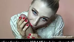 Neighbor's sexy blonde wife gives epic blowjob with facial finish on cute face.