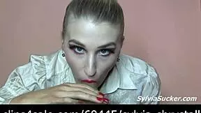 Neighbor's sexy blonde wife gives epic blowjob with facial finish on cute face.