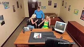 Head teacher receives blowjobs from two blondes