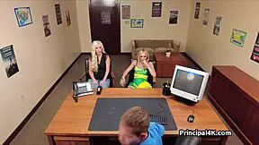 Head teacher receives blowjobs from two blondes