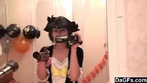 sexy caribbean pirate girl strips for the cam in ripped clothes