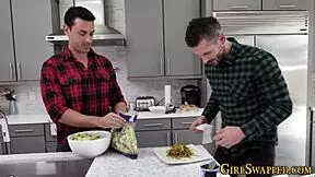 Stockings-clad teen stepdaughter gives blowjob and swallows cum in mouth