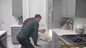 Stockings-clad teen stepdaughter gives blowjob and swallows cum in mouth