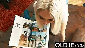 A horny nympho babe is sucking cock and letting a fat guy pound her sweet pussy hard