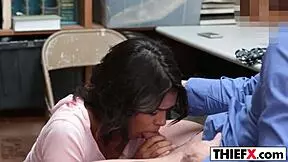 the teen burglar spreads her legs in the garage to avoid punishment with a blowjob