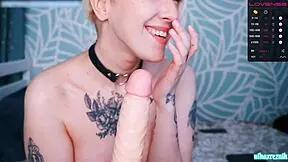 Short Hair Blonde Feels Intense Pleasure Sucking Dildo Solo On Webcam With Big Tits