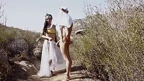 Young 18+ princess with small natural tits fucks excited prince outdoors, leading to cumshot facial