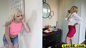 petite teen and milf finger pussy behind door