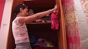 Sexy skinny MINI SKIRT teen 18+ RIDES dildo ROUGHLY at home