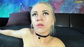 blonde teen gets facial cum after blowjob and dildo play with monster cock