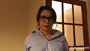 Hey, geeky employee blackmailed into sucking cock and getting a facial