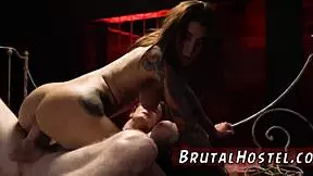 bound teen 18+ gets excited in bdsm anal threesome, tied to chair with hardcore bondage and group fetish