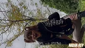 Cheerleader fucks outdoors and swallows cum.