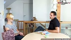 Blonde short-haired German student seduces neighbor teacher for sex