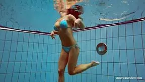 Big tits petite 18+ babe deniska swimming in the pool