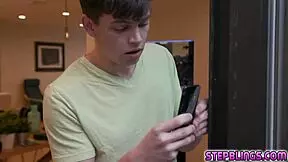 Blue-eyed brunette and blonde stepsiblings share slobbery blowjob on stud's rod