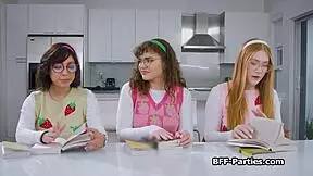 Book club turns into a wild foursome as nerdy girlfriends share hard cocks after dancing.