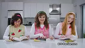Book club turns into a wild foursome as nerdy girlfriends share hard cocks after dancing.
