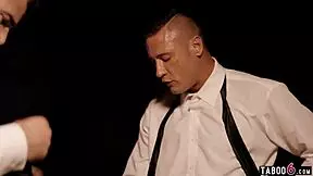 I-I submit to two horny men in threesome with blowjob and stockings, oh god