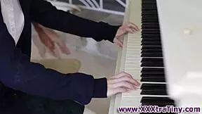 uniform teen gives blowjob, gets cum on face