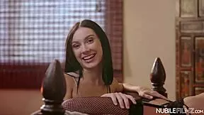 Jazmin Luv and Rachel Rivers in missionary riding threesome with cumshot.