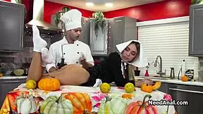 Oily anal action with chef Nick on the dinner table after hours.